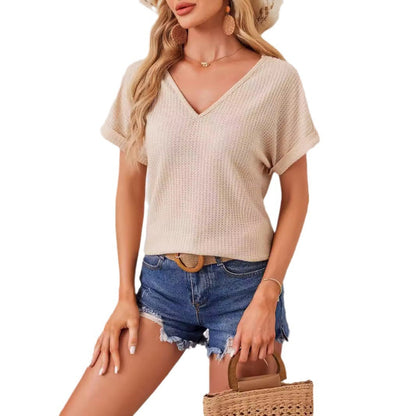 V-neck Back-cutout Patchwork Fashionable Lace Batwing-sleeve T-shirt