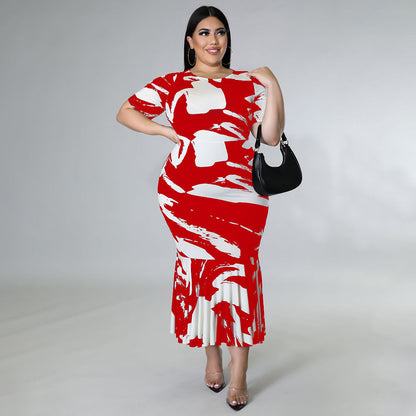 Women's Crew-Neck Short-Sleeve Ruffle-Trim Printed Plus-Size Dress
