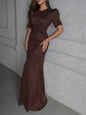 Brown Commuter Puff Sleeve Suede Top Fishtail Skirt Set