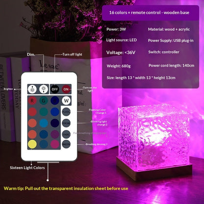 LED Water Ripple Ambient Night Light USB Rotating Projection Crystal Table Lamp RGB Dimmable Home Decoration 16 Color Gifts