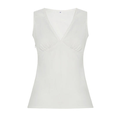 Deep V-neck Strap Pleated Bust Vest Spicy Girl-style Vintage Versatile Figure-hugging Top