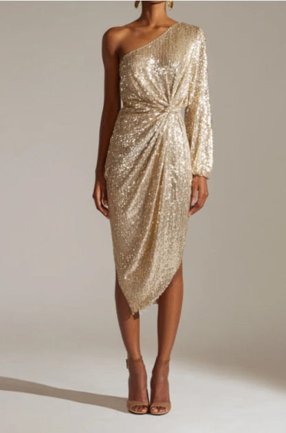 Gold One-Shoulder Sequin Knot-Front Dress