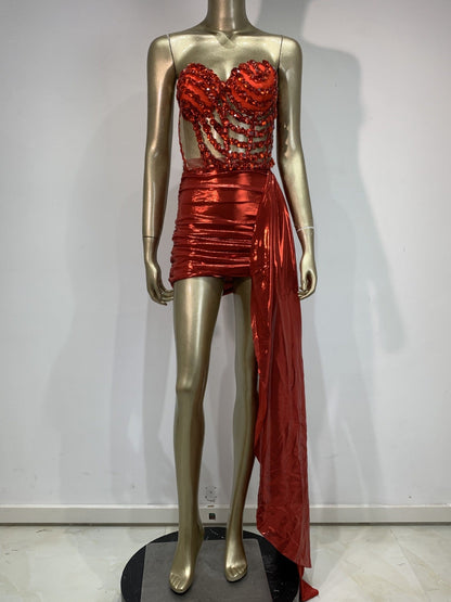 Sexy Skirt Suit Hollow Mesh See-through Banquet Company Party Stage Costume