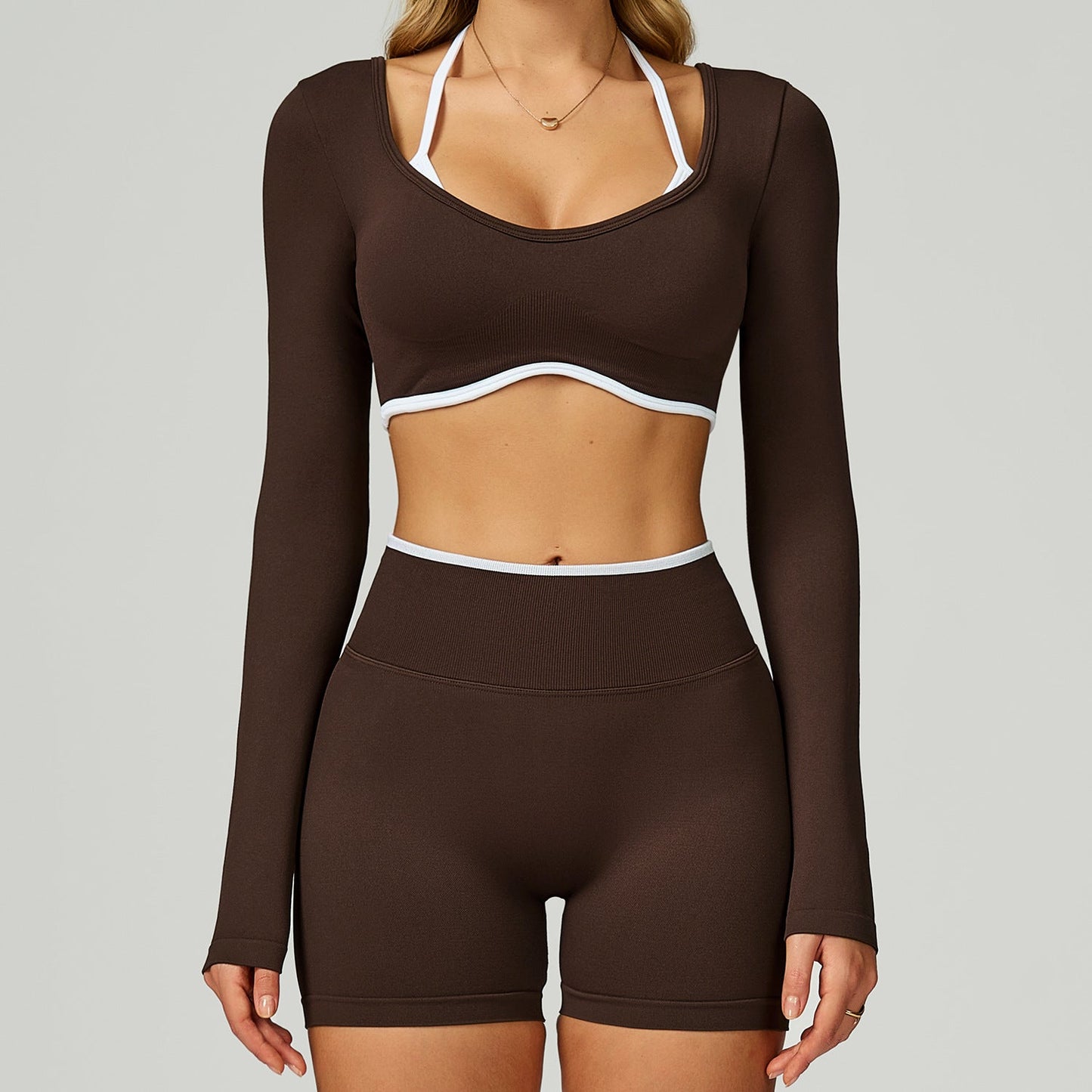 Seamless Color-blocking Yoga Set With Hollow Back And High-waist Fitness Wear