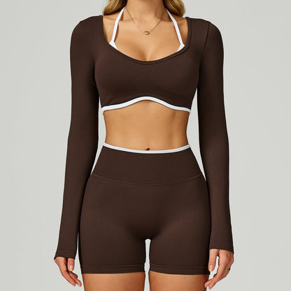 Seamless Color-blocking Yoga Set With Hollow Back And High-waist Fitness Wear