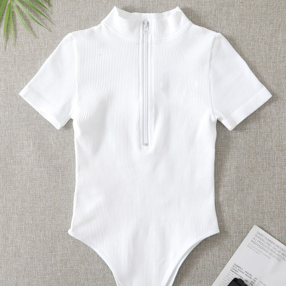 Ribbed Short-sleeve Tight-fitting High-stretch Turtleneck Zip-up Bodysuit