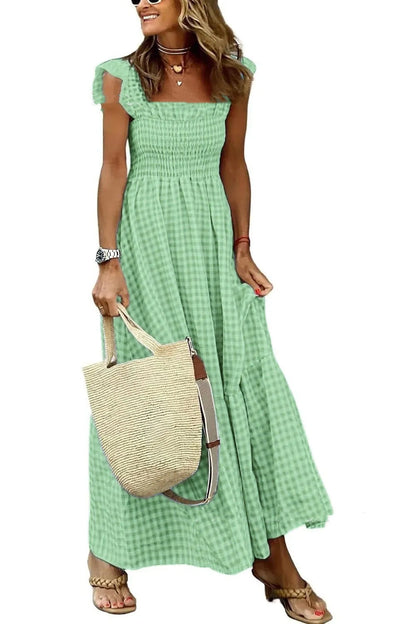 Summer Plaid Print Pleated Ruffle Dress INS Fashion Sleeveless A-line Swing Beach Dress Women's Clothing