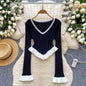 Contrast-color Ruffled Striped Knit Sweater
