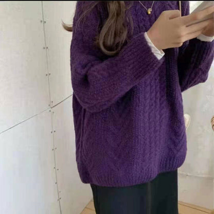 Thick Hemp Flowers Knitted Round Neck Sweater Retro Loose Top