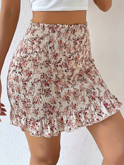 Chic Floral High Waist Print Ruffle Hem Skirt for Women