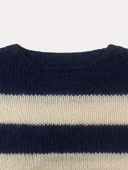 Crew-neck Contrast-striped Loose-fit Casual Chic Versatile Knit Pullover