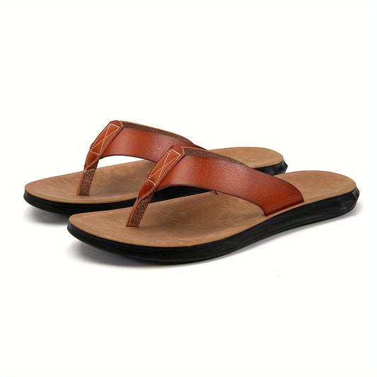 Men's Solid Thong Sandals With Microfiber Leather Uppers, Casual Non Slip Flip-flops Sandal