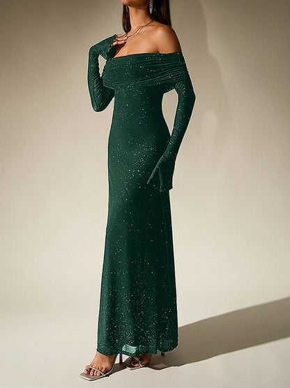 Black Off-Shoulder Maxi Dress With Glitter Detail And Mesh Sleeves