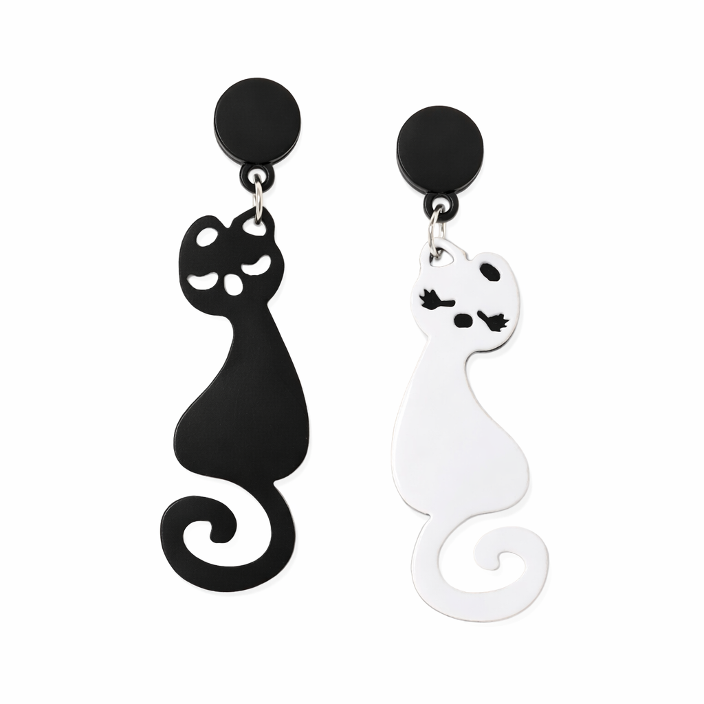 Festival Cat Earrings UK – Quirky Mismatched Black & White Drop Earrings (Rave Accessories)