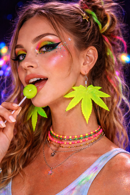 Neon Leaf Earrings UK – Bright Green Statement Festival Drop Earrings