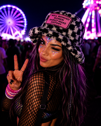 Handmade Black & White Chequered Furry Bucket Hat – Well Behaved Women Rarely Make History
