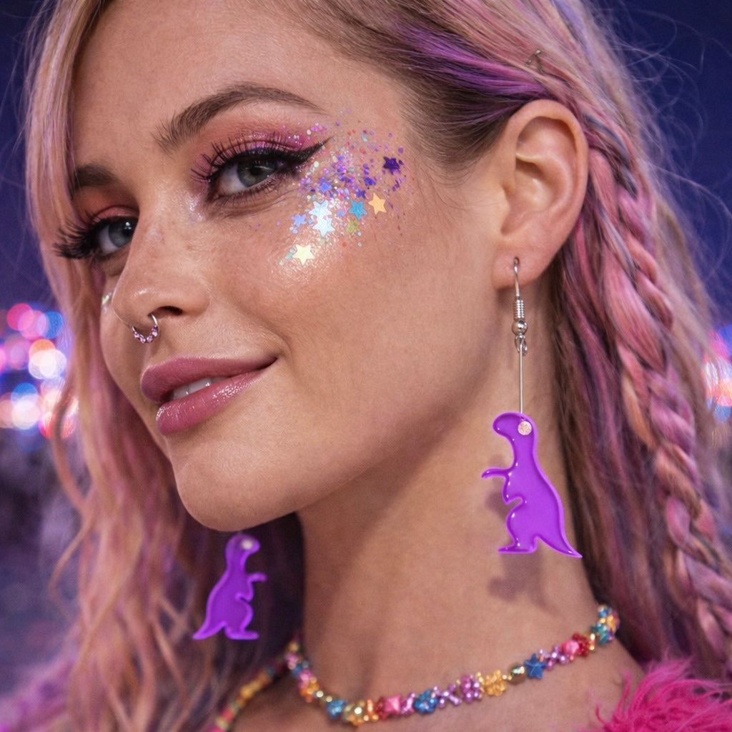 Purple Dinosaur Drop Earrings – Quirky Festival Statement Jewellery, Cute Rave Accessories