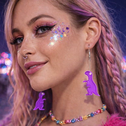 Purple Dinosaur Drop Earrings – Quirky Festival Statement Jewellery, Cute Rave Accessories