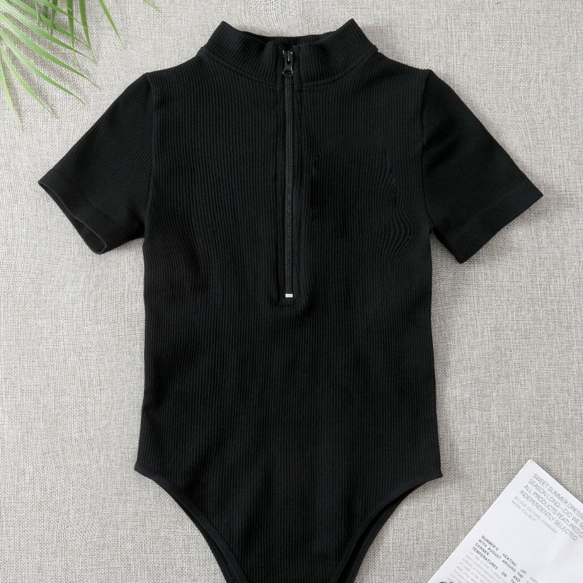 Ribbed Short-sleeve Tight-fitting High-stretch Turtleneck Zip-up Bodysuit