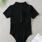 Ribbed Short-sleeve Tight-fitting High-stretch Turtleneck Zip-up Bodysuit