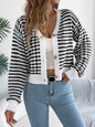 Women Color Block Stripe Lantern Sleeve Short Cardigan Sweater