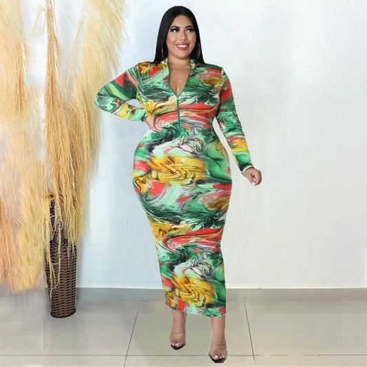 Tight-fitting Sexy Printed Plus-size Dress