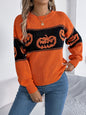 Women Pumpkin Head Color Block Long Sleeve Pullover Sweater