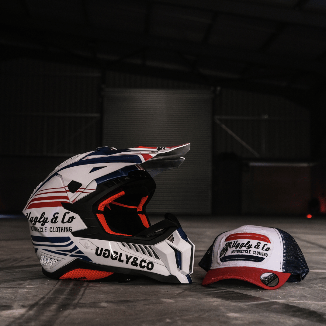 White & Red Flat Track Trucker Hat