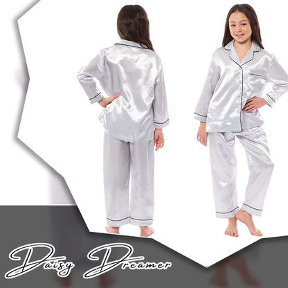 Girls Long Sleeve Satin Silk Pyjama Set Comfortable Button-Down Sleepwear in Black Pink Grey Sizes 5-14 YRS by Daisy Dreamer