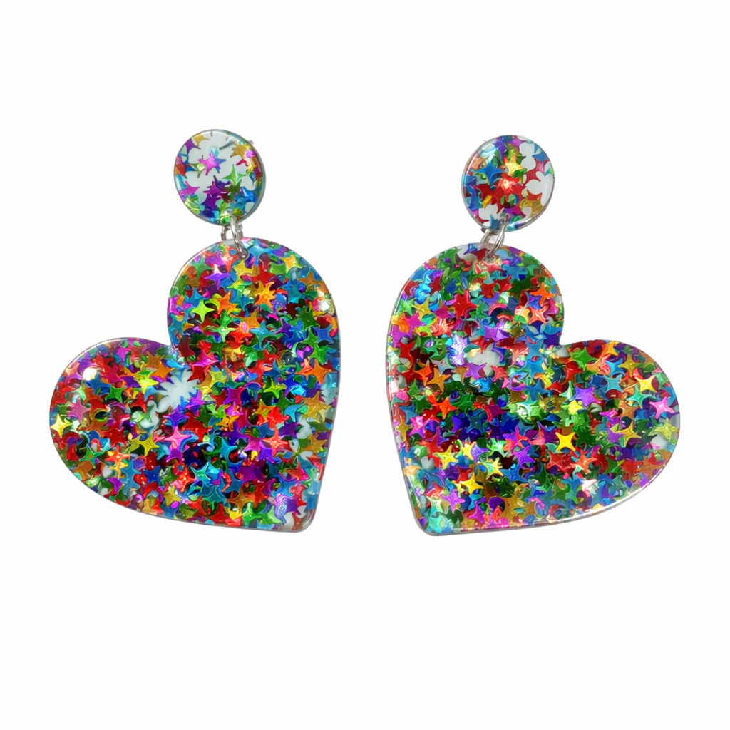 Glitter Heart Earrings UK – Colourful Confetti Drop Earrings (Festival & Rave Accessories)