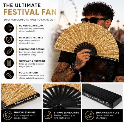 Gold Glitter Festival Fan with Matching Leg Holster | XL & Medium