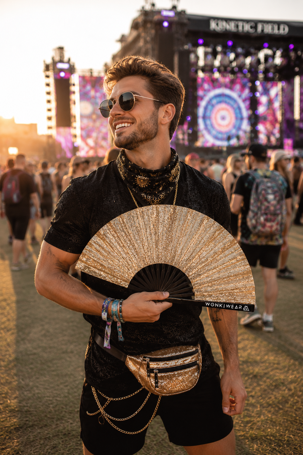 Gold Glitter Festival Fan with Matching Leg Holster | XL & Medium