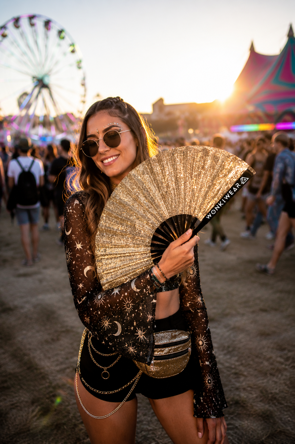 Gold Glitter Festival Fan with Matching Leg Holster | XL & Medium
