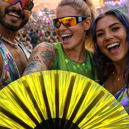 Yellow Golden Goddess Iridescent Festival Fan (XL Rave Fan UK)