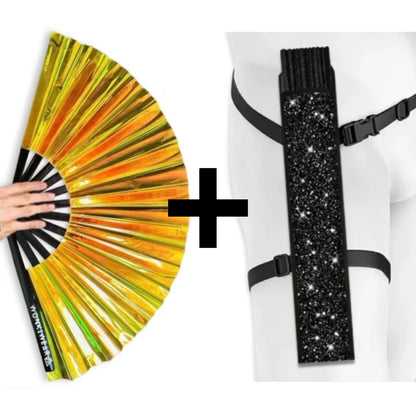 Yellow Golden Goddess Iridescent Festival Fan (XL Rave Fan UK)