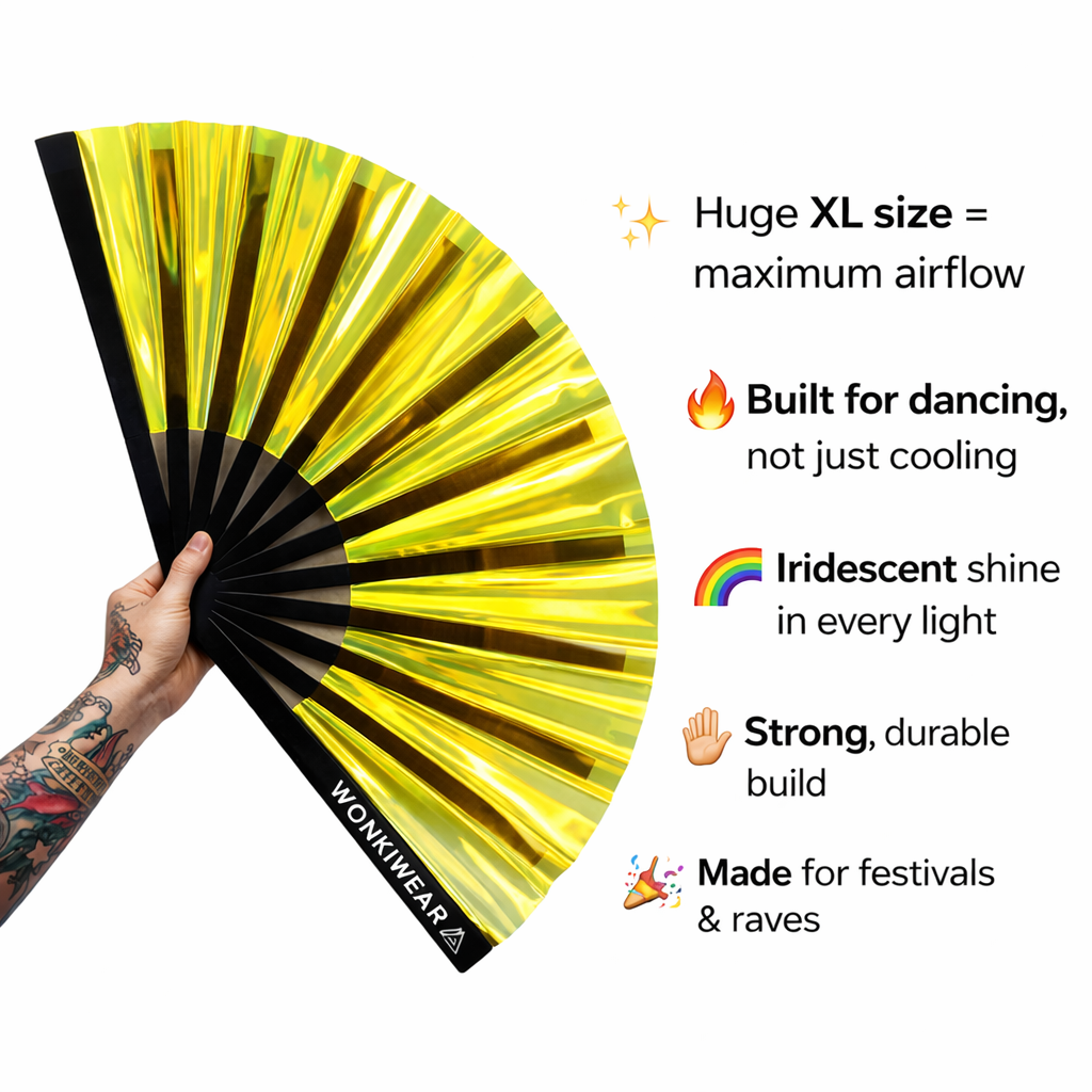 Yellow Golden Goddess Iridescent Festival Fan (XL Rave Fan UK)