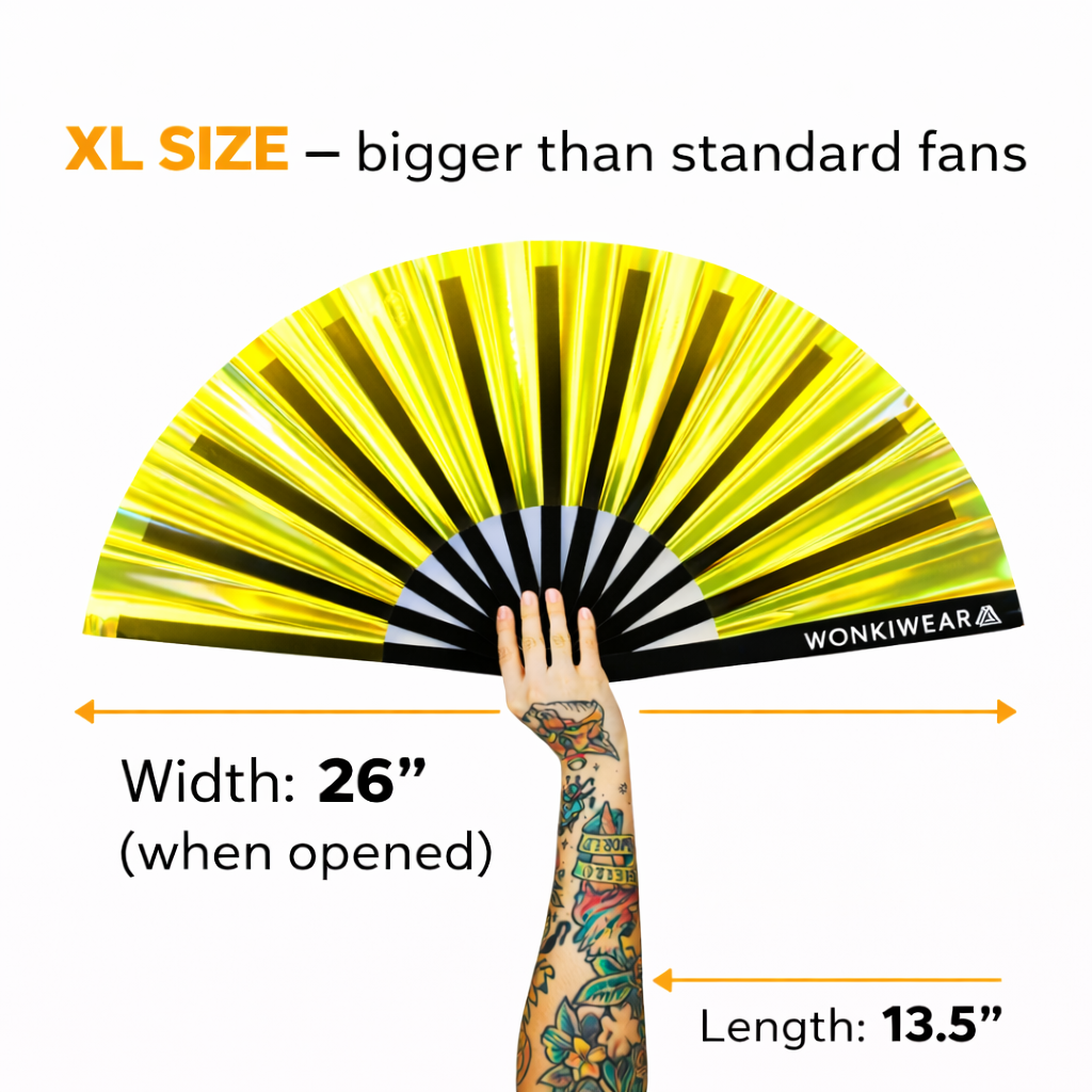 Yellow Golden Goddess Iridescent Festival Fan (XL Rave Fan UK)