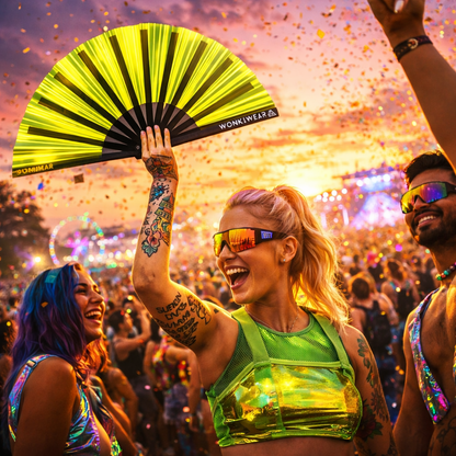 Yellow Golden Goddess Iridescent Festival Fan (XL Rave Fan UK)