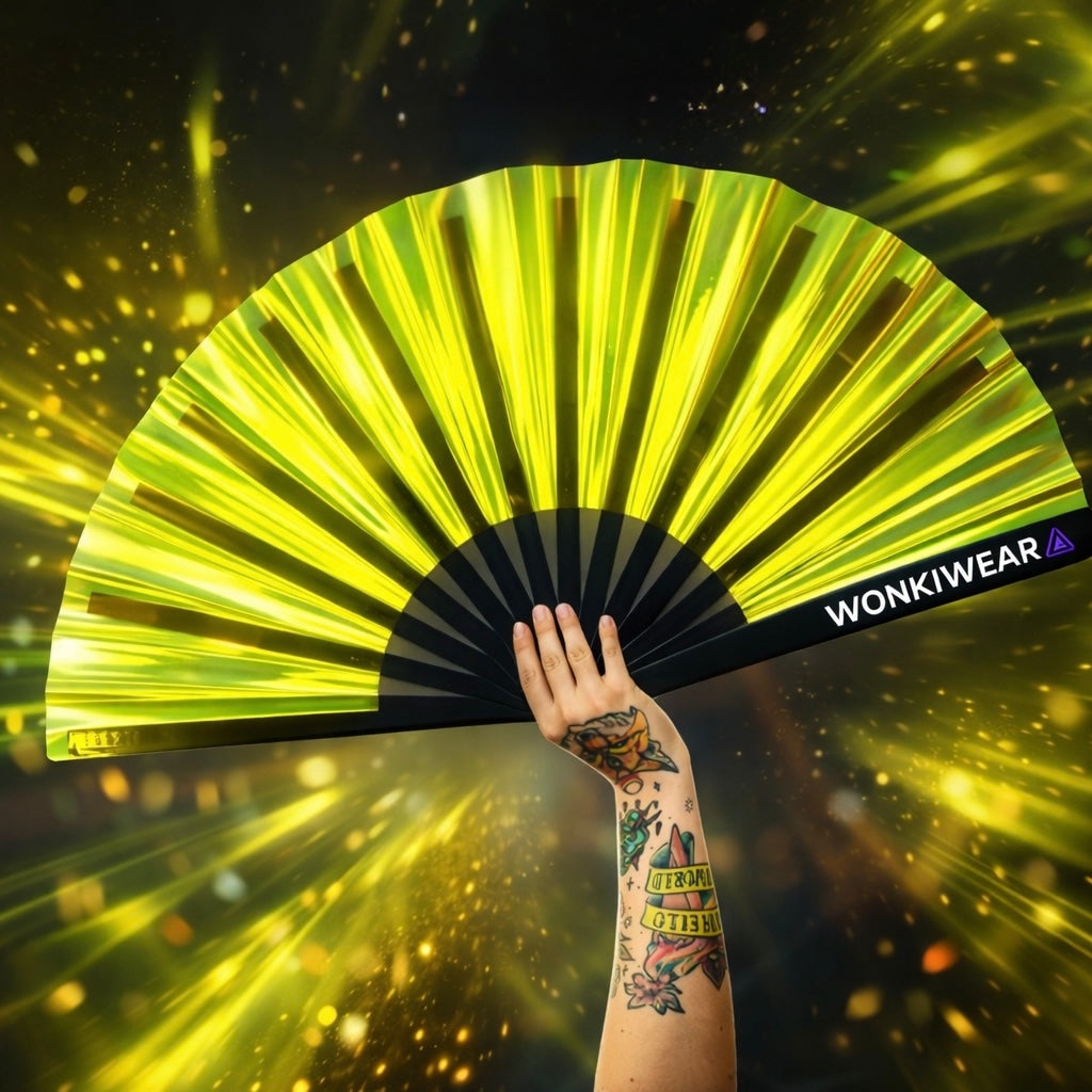 Yellow Golden Goddess Iridescent Festival Fan (XL Rave Fan UK)
