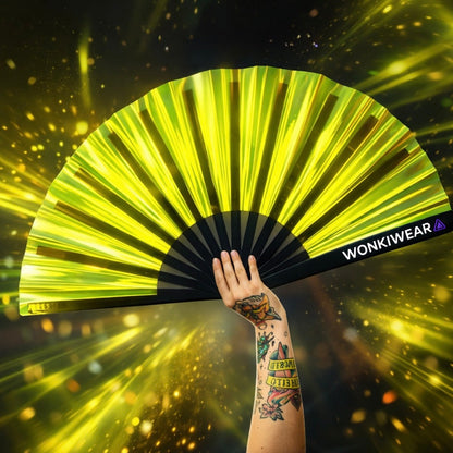 Yellow Golden Goddess Iridescent Festival Fan (XL Rave Fan UK)