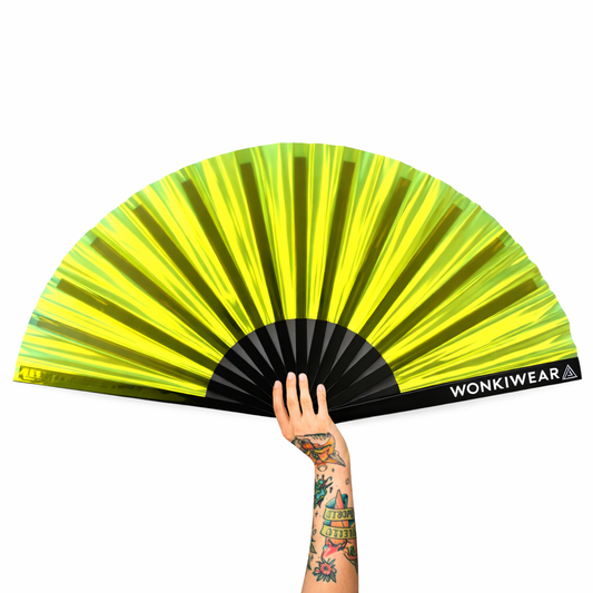 Yellow Golden Goddess Iridescent Festival Fan (XL Rave Fan UK)
