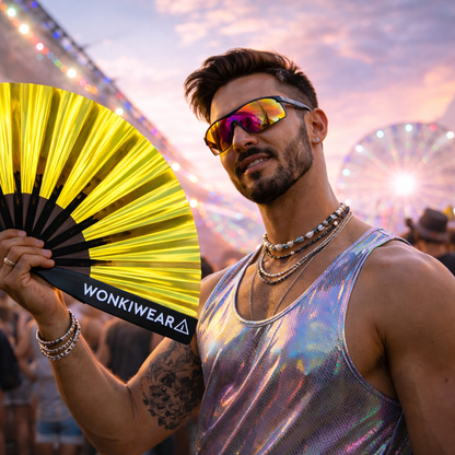 Yellow Golden Goddess Iridescent Festival Fan (XL Rave Fan UK)