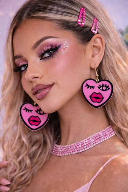Pink Heart Face Earrings UK – Cute Statement Drop Earrings (Festival & Rave Accessories)