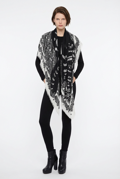 VASSILISA Scarf in Black and White Colour: Cat and Butterfly Print
