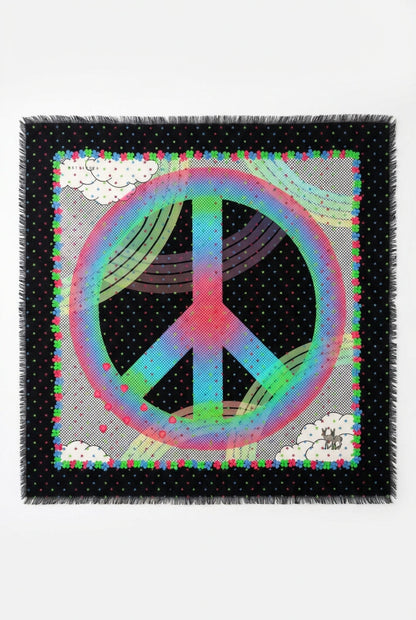 VASSILISA Scarf in Black, Pink and Green: Peace & Rainbow Print