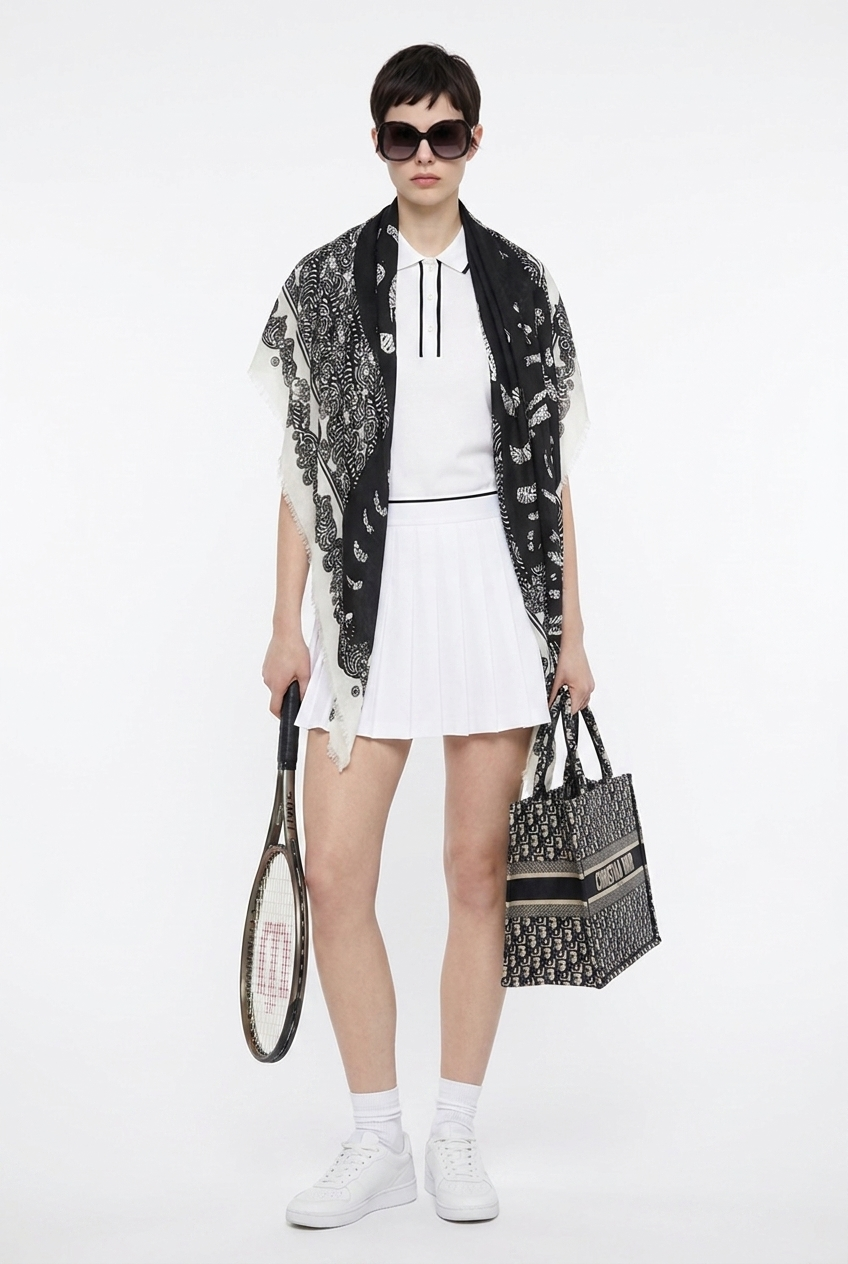 VASSILISA Scarf in Black and White Colour: Cat and Butterfly Print