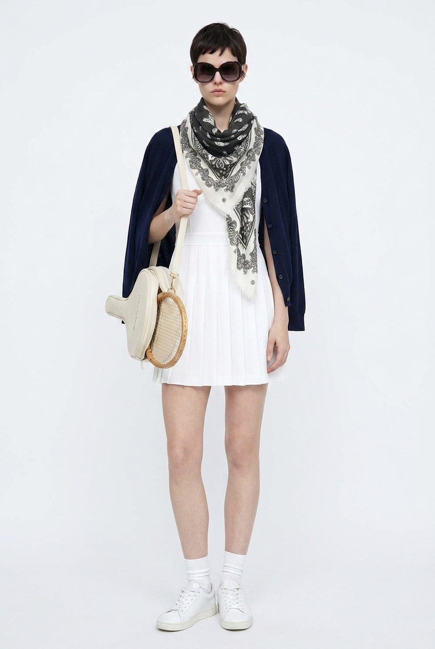 VASSILISA Scarf in Black and White Colour: Cat and Butterfly Print