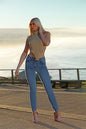 High Neck Roll Knitted Backless Front Cropped Top