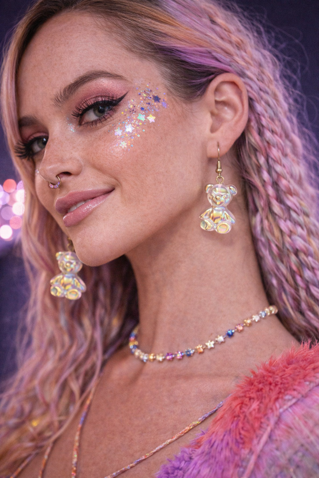 Iridescent Bear Drop Earrings – Holographic Festival Rave Jewellery