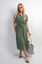 Collared Button Down Short Sleeve Tie Waist Midi Dress